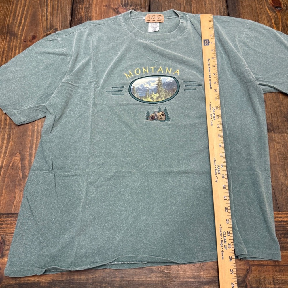 Vintage de LANNO Montana Graphic T-Shirt XL Sage Green Embroidered Cabin Canada - Picture 4 of 6